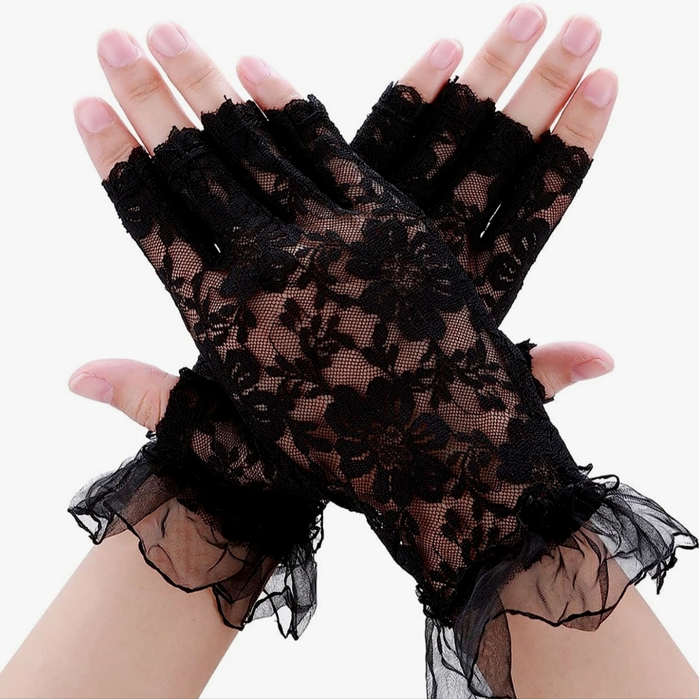 Elegant Black Lace Fingerless Gloves Ruffled Tea Party Bridal Wedding Church NWT